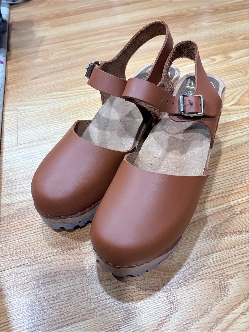 MIA Tan Leather Slingback Clogs with Buckle